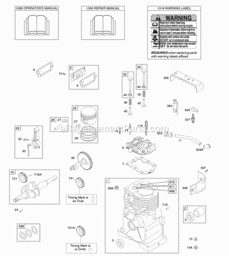 Camshaft Crankshaft Cylinder Cylinder Head OperatorS Manual PistonRingsConnecting Rod Warning Label Diagram and Parts List for  Briggs and Stratton Engine